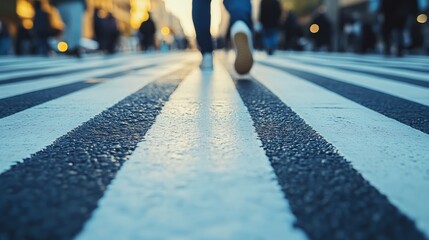 A close-up view of a pedestrian crossing with white stripes and a person walking, set against a softly illuminated urban background.