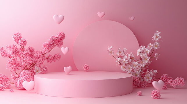 Round empty podium on a soft pastel background, surrounded by flowers,hearts. Perfect for Mother's Day, Women's day, March 8,Easter promotions. Podium for product presentation and demonstration