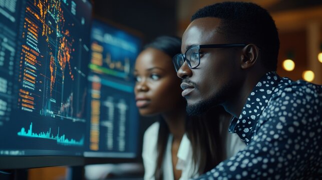 African Financial Data Analysts Using Dashboard On Screens