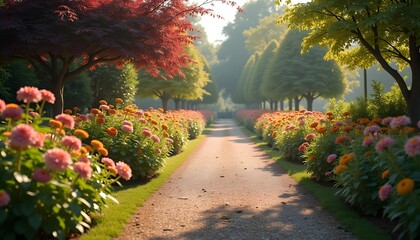 Beautiful garden pathway lined with colorful blooming flowers