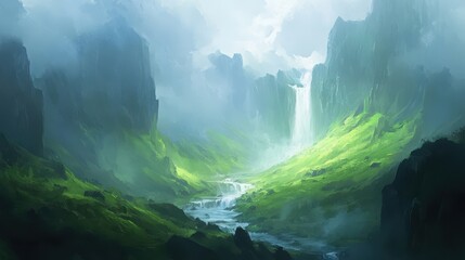 Obraz premium Serene Mountain Landscape with Waterfall and Misty Atmosphere
