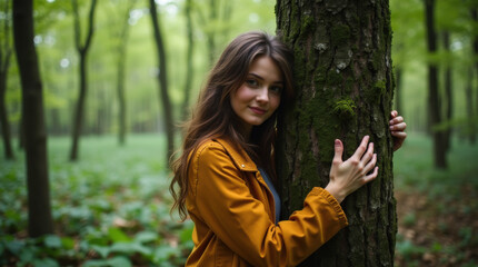 Girl in the forest hugging a tree.