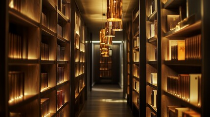 Obraz premium Warmly lit library hallway with bookshelves.