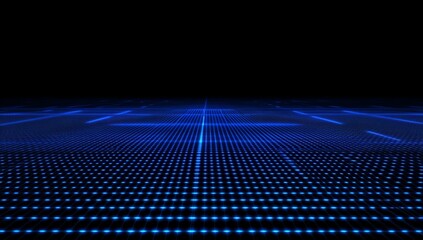 Blue digital grid vanishing point, dark background, futuristic tech design