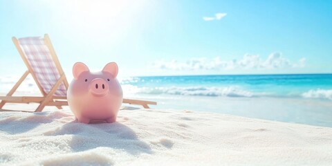 Pink Piggybank On Deck Chair Over The Sandy Beach