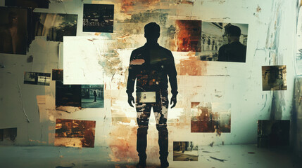 Silhouette of a man standing in front of a collage of vintage photographs, symbolizing memory, nostalgia, identity, and personal history