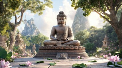 A revered Buddha statue in a tranquil outdoor setting in 8K resolution. This Buddha statue is made of old bronze, which has rusted over time.