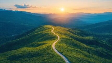 Winding road sunset mountain landscape, aerial view