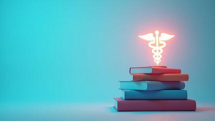 Medical Textbooks with a Glowing Caduceus Symbol on Top