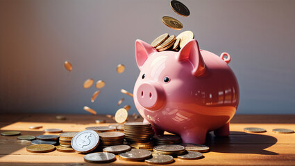 Pink Piggy Bank with Coins on Wooden Table &ndash; Savings and Financial Planning