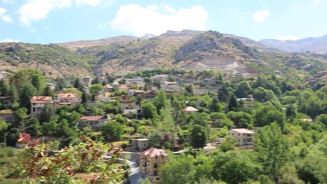 Scenic view of residential private houses in a valley in the mountainous region of Faraya. Republic of Lebanon