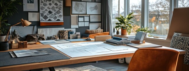Modern Design Studio Workspace Architect s Desk with Plans Samples