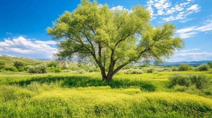 Fototapeta premium Lone tree meadow summer landscape, hills background