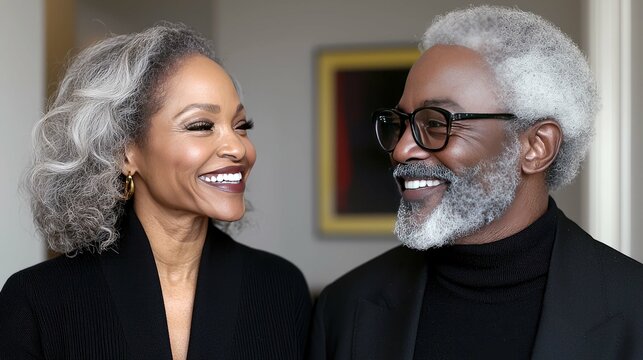 A Portrait of an Elegant Couple, Radiating Happiness and Joy.  Their smiles reflect a lifetime of love and shared experiences.