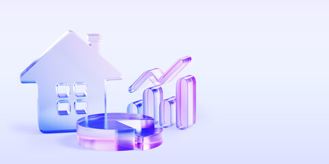 3d glass holographic transparent house with pie chart, bar graph on blue render background. Concept of real estate market, rising price of building and apartment, property investment. 3D illustration