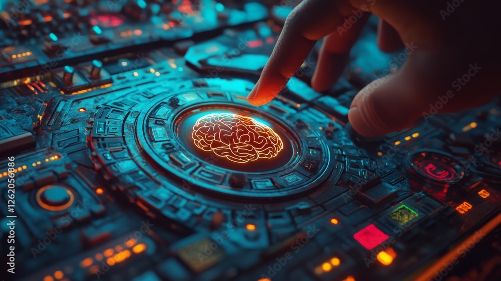 Poster in a blend of stock and medical science, a hand hovers over a digital brain hologram on a modern com