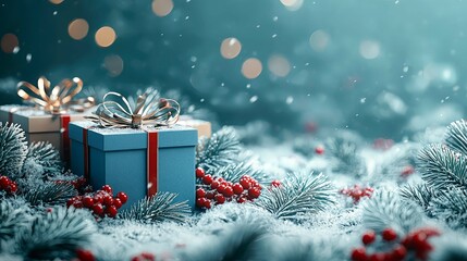 Christmas Gifts in Snowy Winter Wonderland: Festive Season Decorations, Presents, and Holiday Cheer