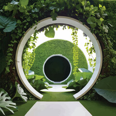 A circular opening framed by lush green plants and vines, leading into a deeper, similarly verdant circular space.