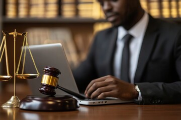 Young African American businessman studying legal cases on laptop