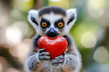 Fototapeta premium Cute lemur baby with diamond red heart on in a natural habitat. Lemur - my desired animal. Digital ads animal visual idea art. Sweet and romantic nature shot. Romantic wildlife moment.