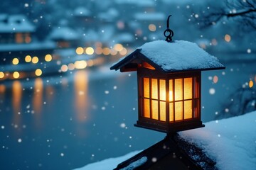 Snowy night scene with warm lantern light over a snow-covered waterfront town.
