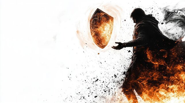 a hero casting a glowing shield spell, fantasy magic, radiant energy, isolated on white background