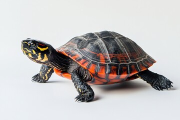Obraz premium A vibrant, red-striped turtle crawls on a white background, showcasing its detailed shell and bright markings.