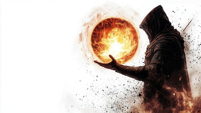 a hero casting a glowing shield spell, fantasy magic, radiant energy, isolated on white background
