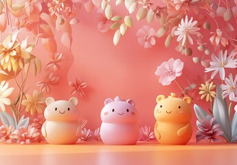 Three cute cartoon animals sitting amidst pastel flowers and plants on a peach background.