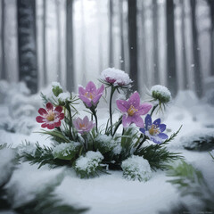 A hyper-realistic still life of forest flowers in the middle of a snowy woodland. The flowers, a mix of vibrant yet delicate wild blossoms, are dusted with tiny snowflakes resting gently on their peta