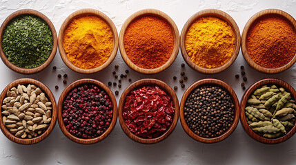 High angle view of various Indian spices in wooden bowls, showcasing vibrant colors and textures. arrangement includes turmeric, chili, and cardamom, creating rich culinary display