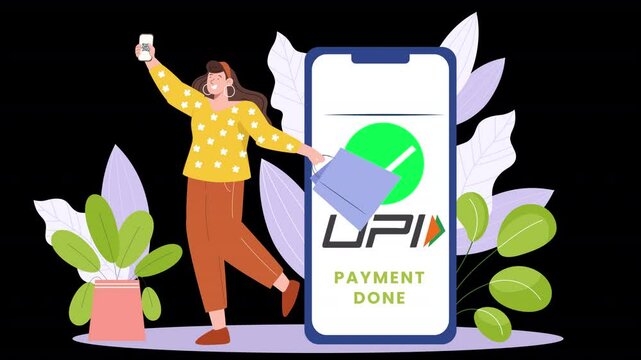 A flat animation illustrating the UPI payment concept, showing people using their smartphones for quick and seamless digital transactions in everyday scenarios.