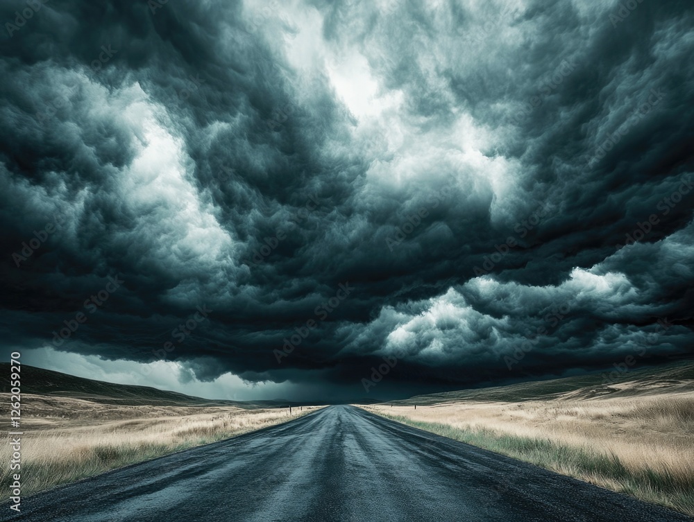 Aufkleber Thunder and lightning rage over a deserted road in the midst of a stormy sky, creating an atmosphere of isolation and tension.