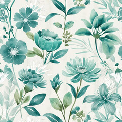 A watercolor-style floral pattern with grainy gradients in aqua and mint