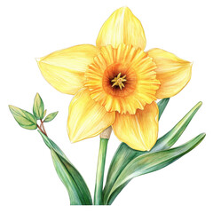 Fototapeta premium A charming watercolor illustration of a bright yellow daffodil with delicate shading, soft and airy brushwork, and elegant floral curves, transparent background, PNG