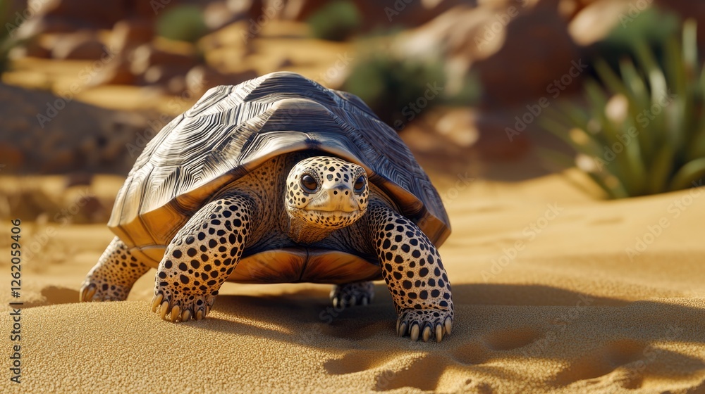 Poster a turtle navigating the desert sands, showcasing its adaptability and resilience in a challenging en