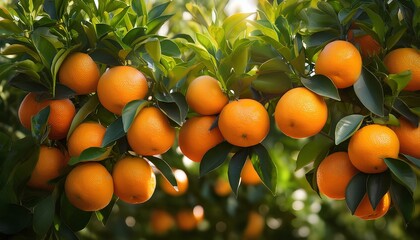 oranges on tree. Ripe oranges on tree with dense green leaves.