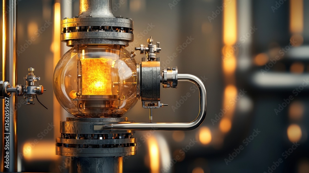 Poster minimalist 3d rendering of a carbon capture device in an industrial setting with soft lighting effec