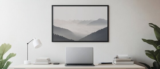 Minimalist home office workspace with mountain landscape artwork, laptop, desk lamp, and plants.