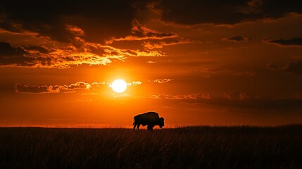 Naklejka premium Silhouetted bison grazing in a field at sunset.