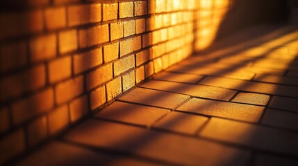 Warm sunset light casts shadows on brick wall and pavement.