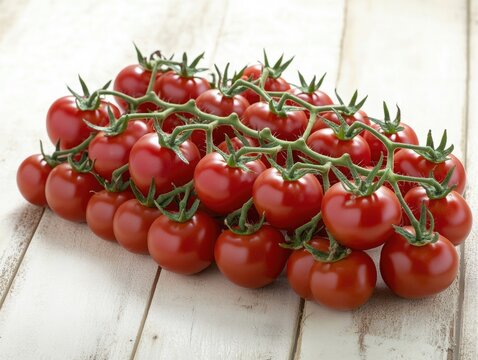 A bunch of fresh, vine-ripened cherry tomatoes with visible stems and leaves for sale at a market or farm.