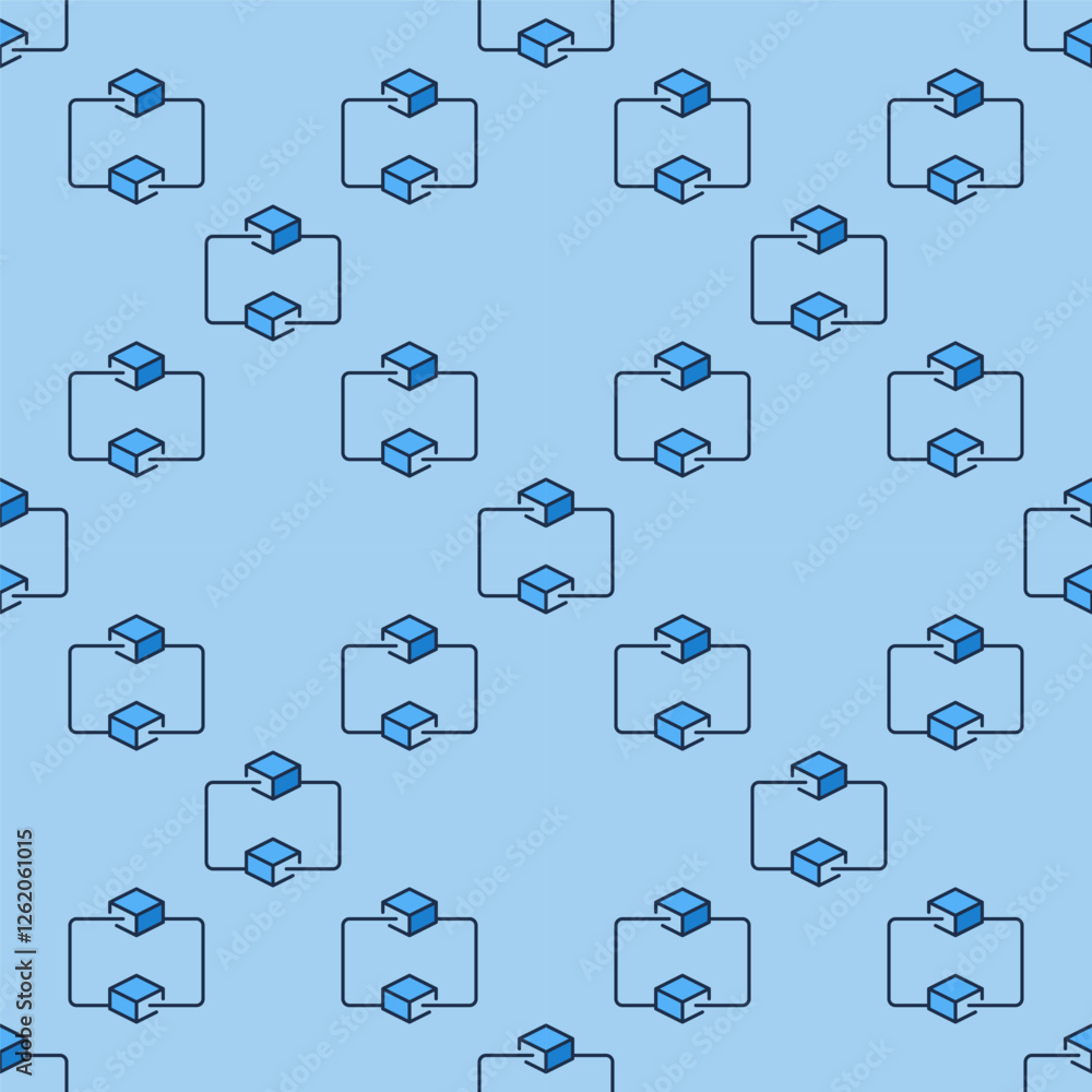 Poster blockchain technology vector blue seamless pattern - two connected blocks cryptocurrency modern back