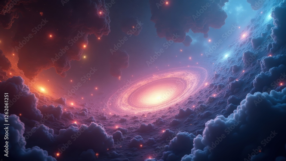 Poster exploration of quantum gravity and string theory in a cosmic landscape with swirling clouds and glow