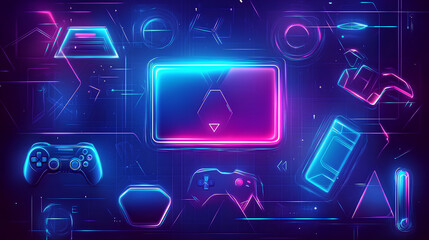 Neon gaming geometric abstract glowing cyberpunk style banner for advertising and promotion...