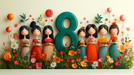Fototapeta premium A joyful illustration of eight smiling girls in colorful dresses, surrounded by vibrant flowers and balloons, symbolizing happiness, celebration, and unity
