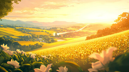 Sunset over rolling hills, fields, road.  Landscapes