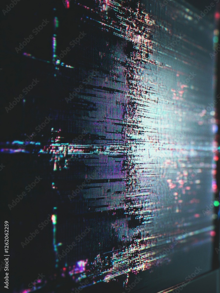 Poster a digital artwork featuring intricate fractal patterns with vibrant colors and glitch effects.
