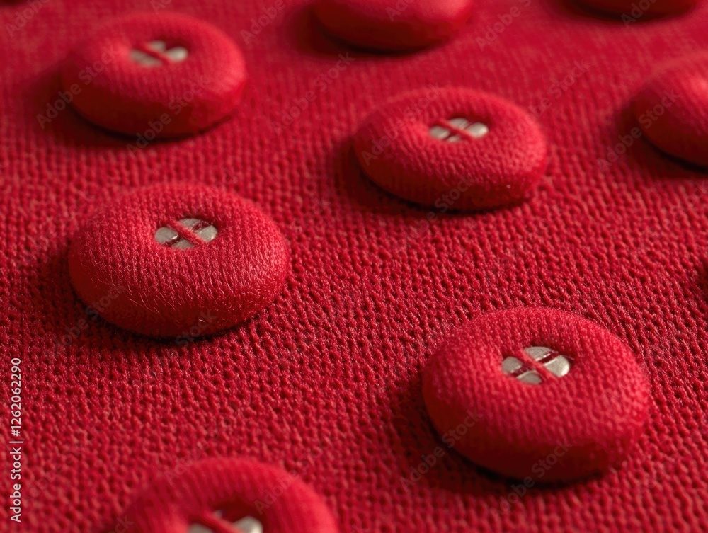Poster red push buttons embossed on a red velvet surface. close-up texture detail of the sewn pattern and m