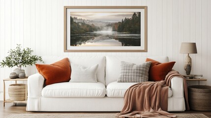 Serene Autumn Lake Landscape Print in Cozy Living Room Decor